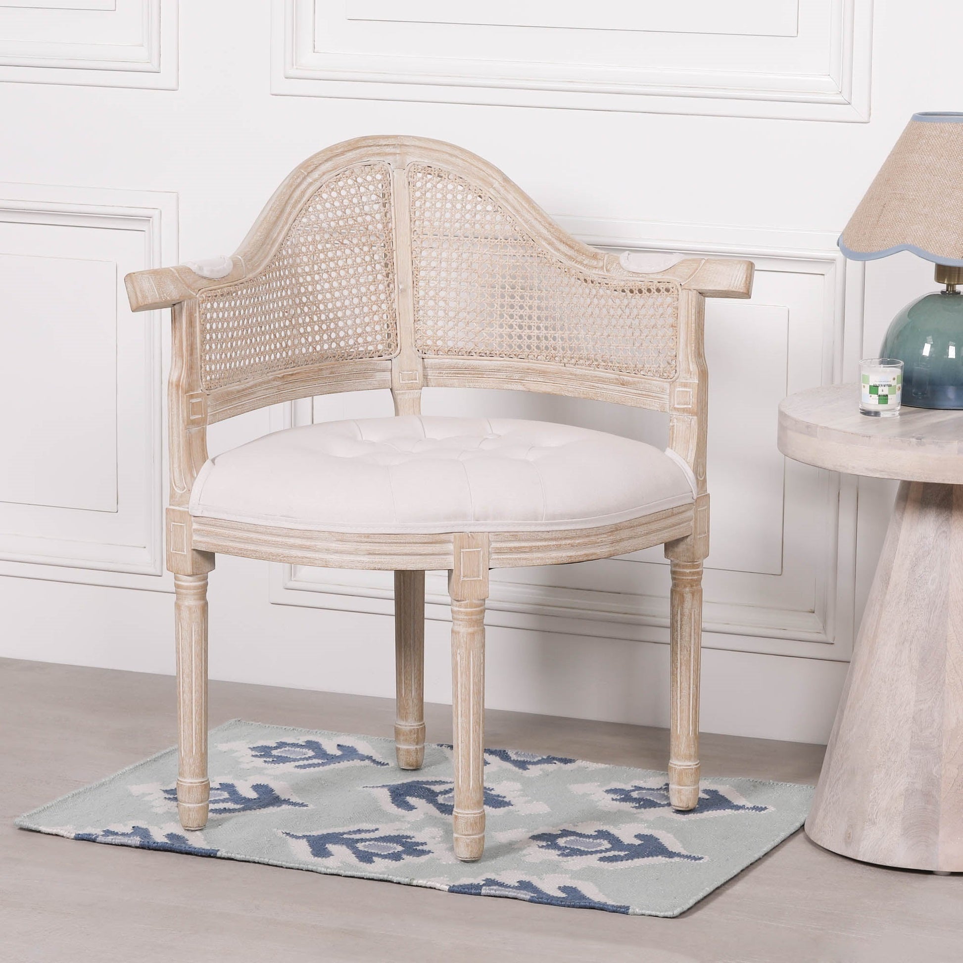 Wooden Louis Upholstered Corner Chair Birch Wood and Linen Dining chair CasaFenix