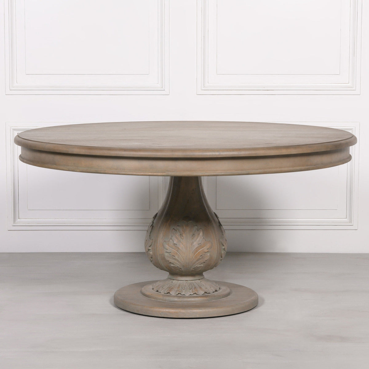 Round Hardwood Dining Table with Acorn-Carved Base 150cm Rustic Wash Dining table CasaFenix