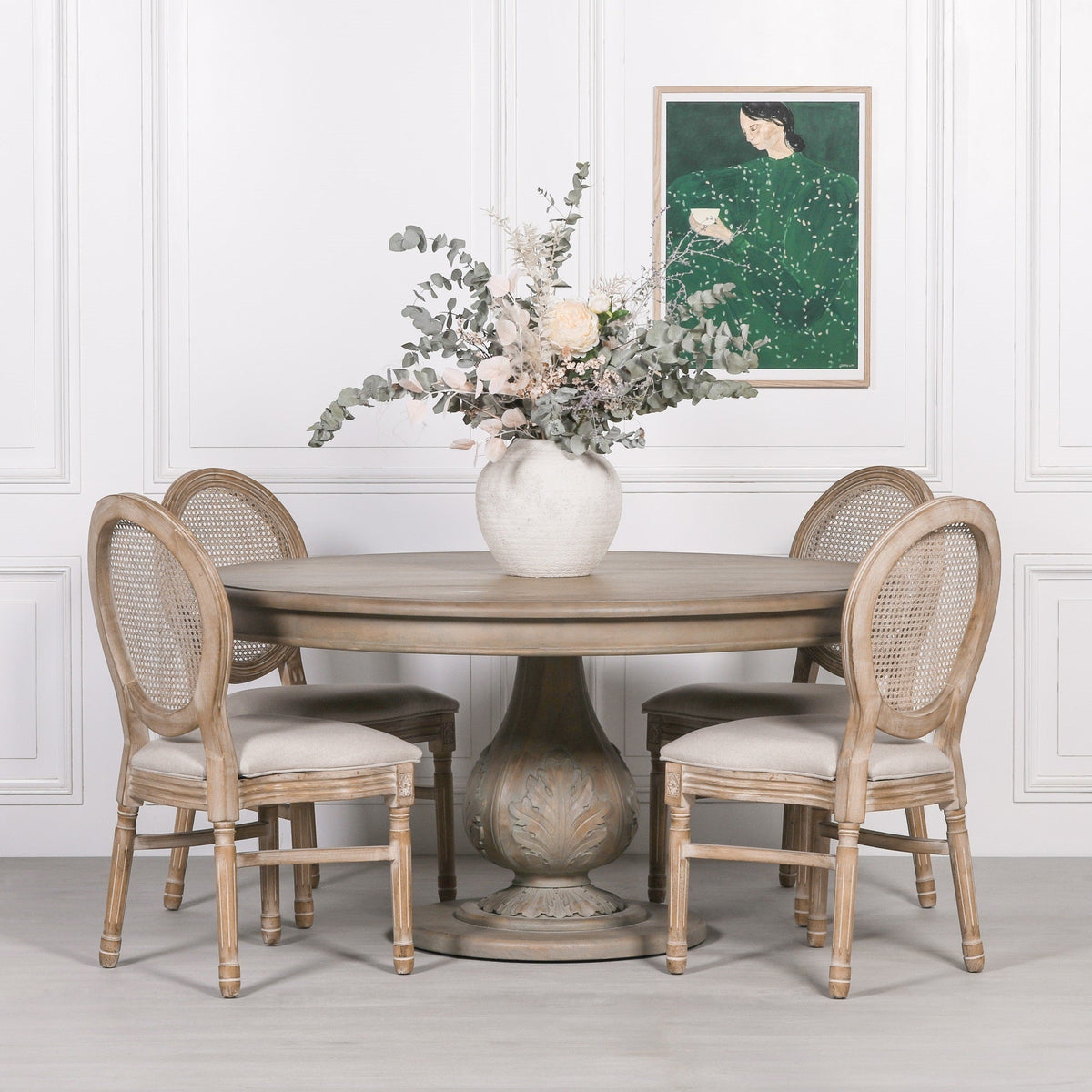Round Hardwood Dining Table with Acorn-Carved Base 150cm Rustic Wash Dining table CasaFenix