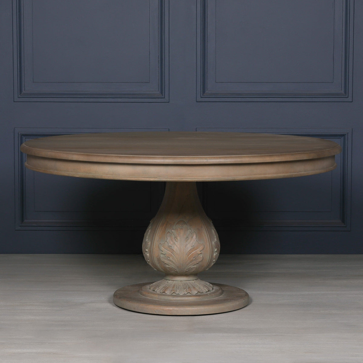 Round Hardwood Dining Table with Acorn-Carved Base 150cm Rustic Wash Dining table CasaFenix