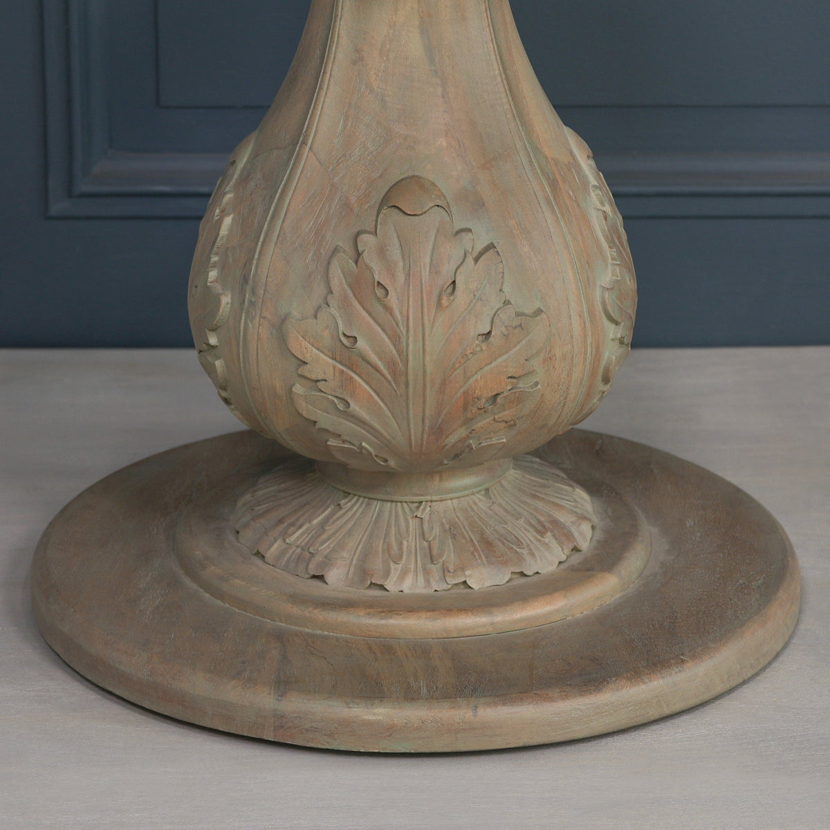 Round Hardwood Dining Table with Acorn-Carved Base 150cm Rustic Wash Dining table CasaFenix