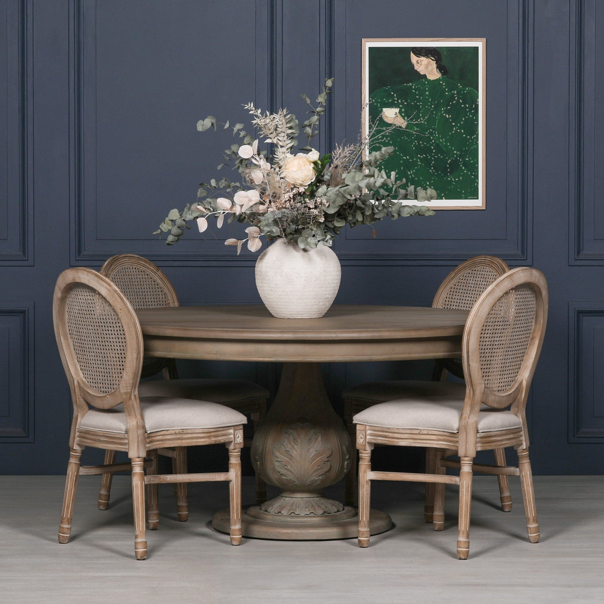 Round Hardwood Dining Table with Acorn-Carved Base 150cm Rustic Wash Dining table CasaFenix