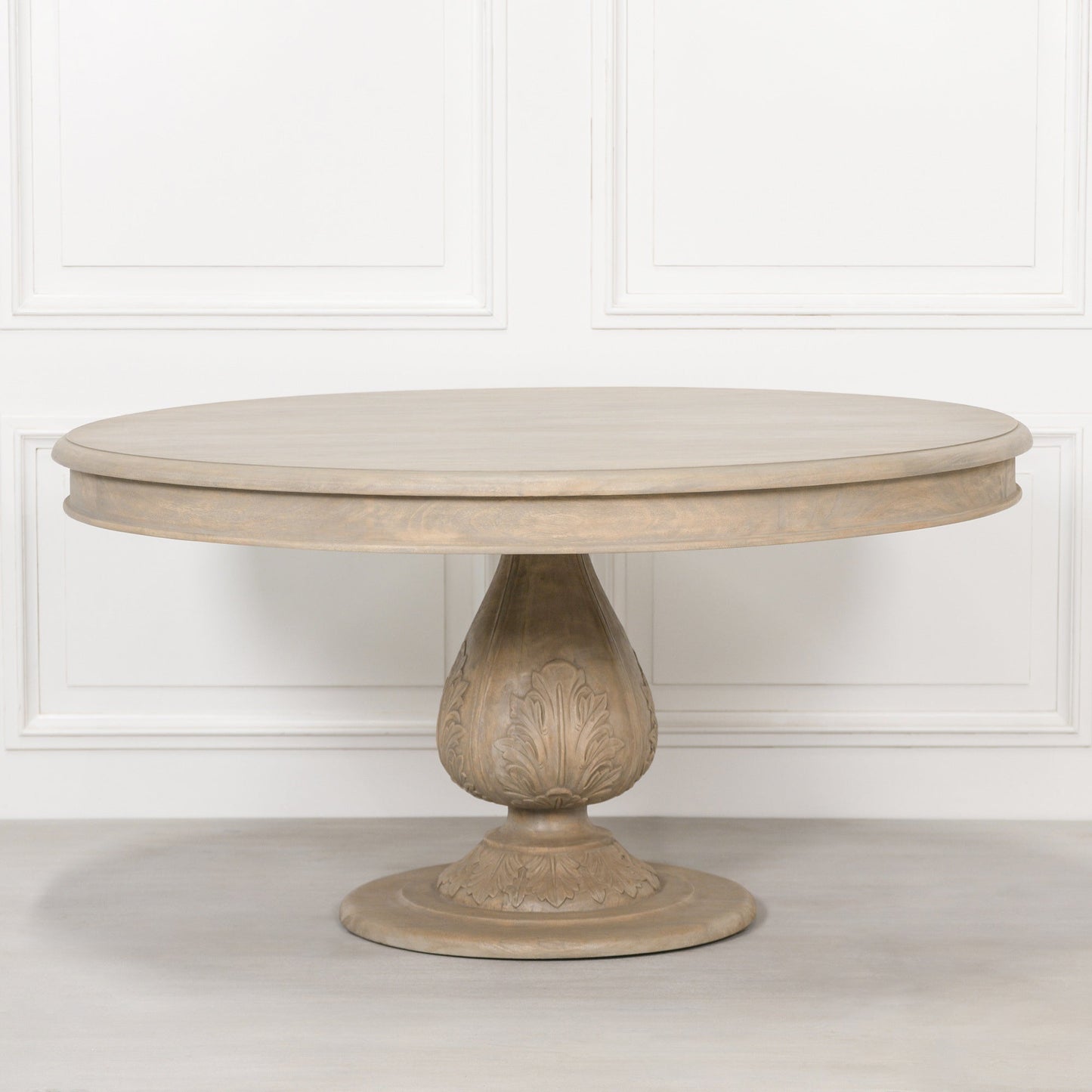 Handcrafted Bayur Wood Round Dining Table with Hand-Carved Acorn Base — 150cm Dining table CasaFenix