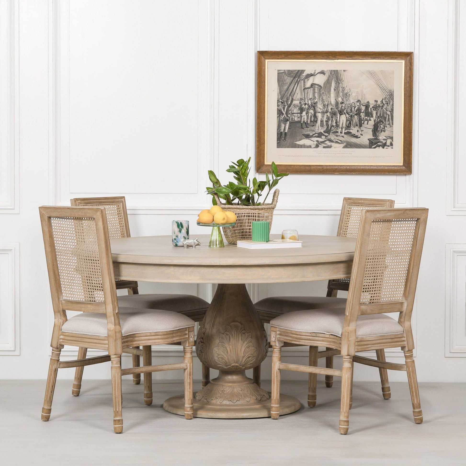 Handcrafted Bayur Wood Round Dining Table with Hand-Carved Acorn Base — 150cm Dining table CasaFenix