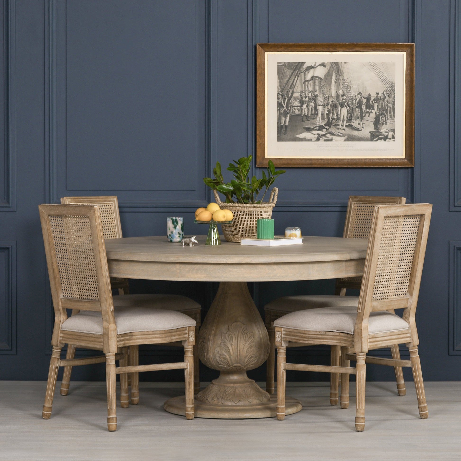 Handcrafted Bayur Wood Round Dining Table with Hand-Carved Acorn Base — 150cm Dining table CasaFenix