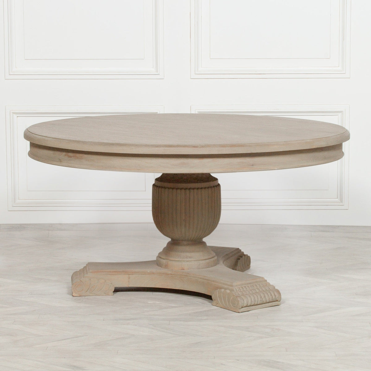 Round White Cedar Dining Table with Single Pedestal Base 150cm Rustic Dining table CasaFenix