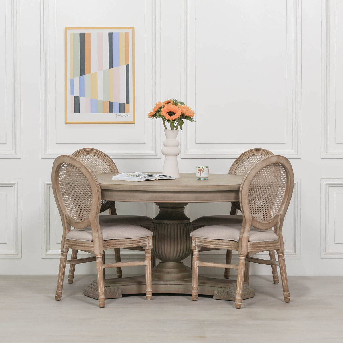 Round White Cedar Dining Table with Single Pedestal Base 150cm Rustic Dining table CasaFenix