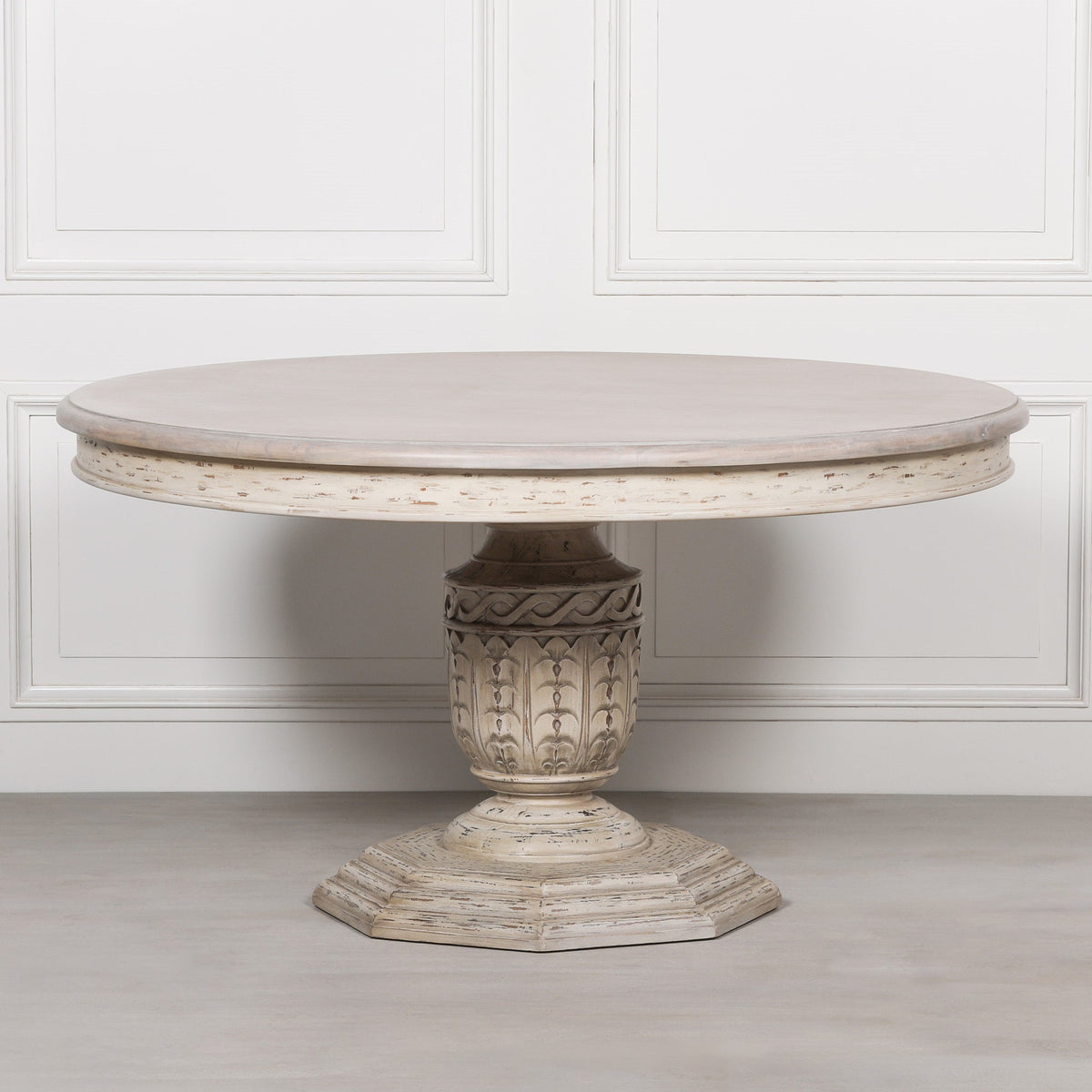 Round White Cedar Dining Table with Carved Base 145cm Heavy Distressed Finish Dining table CasaFenix