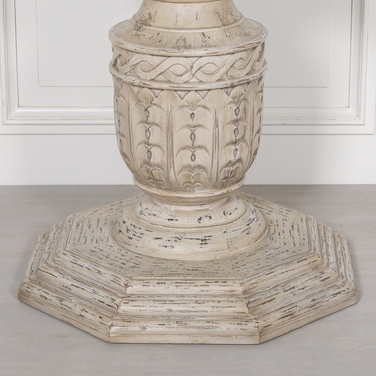 Round White Cedar Dining Table with Carved Base 145cm Heavy Distressed Finish Dining table CasaFenix