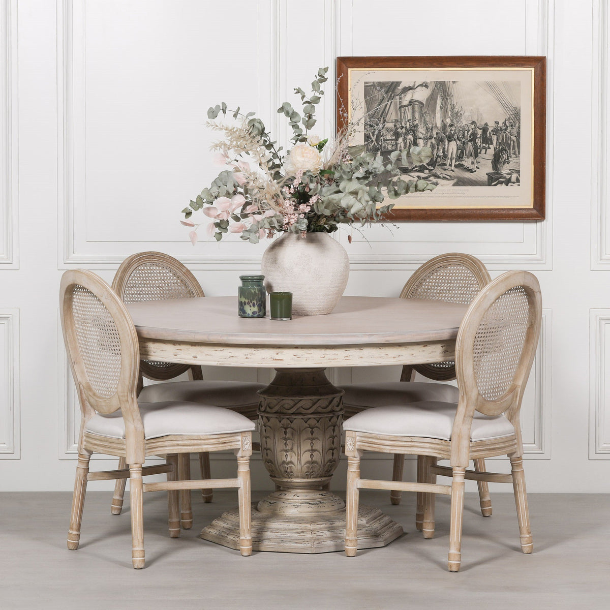 Round White Cedar Dining Table with Carved Base 145cm Heavy Distressed Finish Dining table CasaFenix