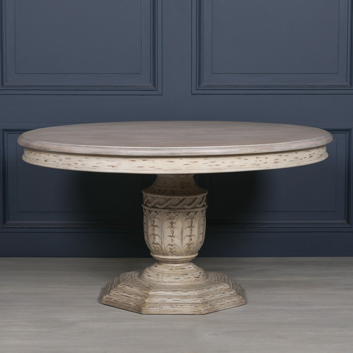 Round White Cedar Dining Table with Carved Base 145cm Heavy Distressed Finish Dining table CasaFenix