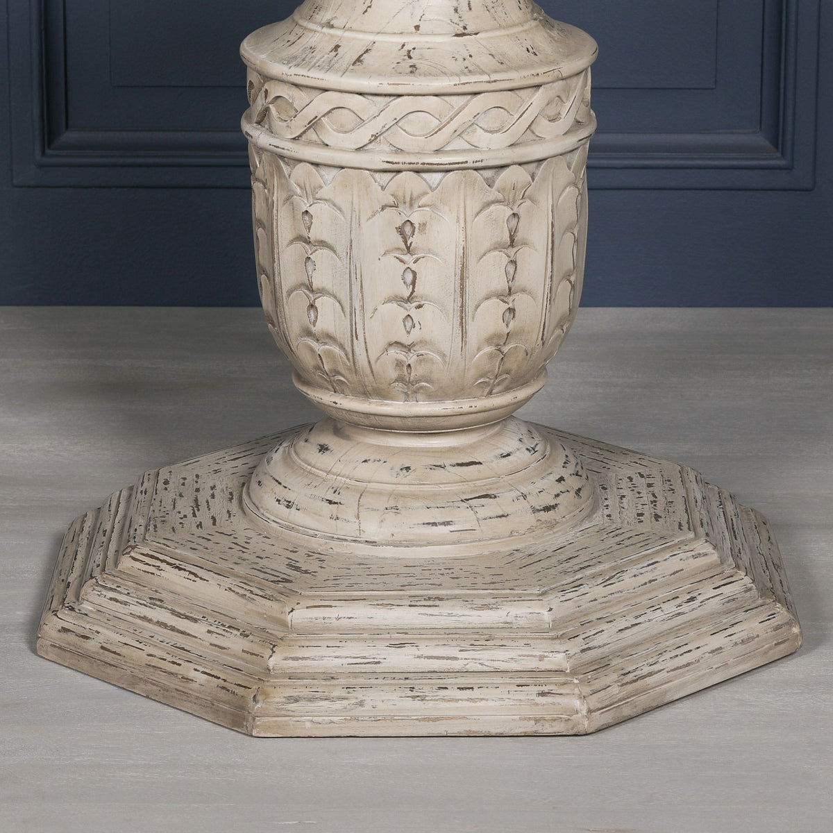 Round White Cedar Dining Table with Carved Base 145cm Heavy Distressed Finish Dining table CasaFenix