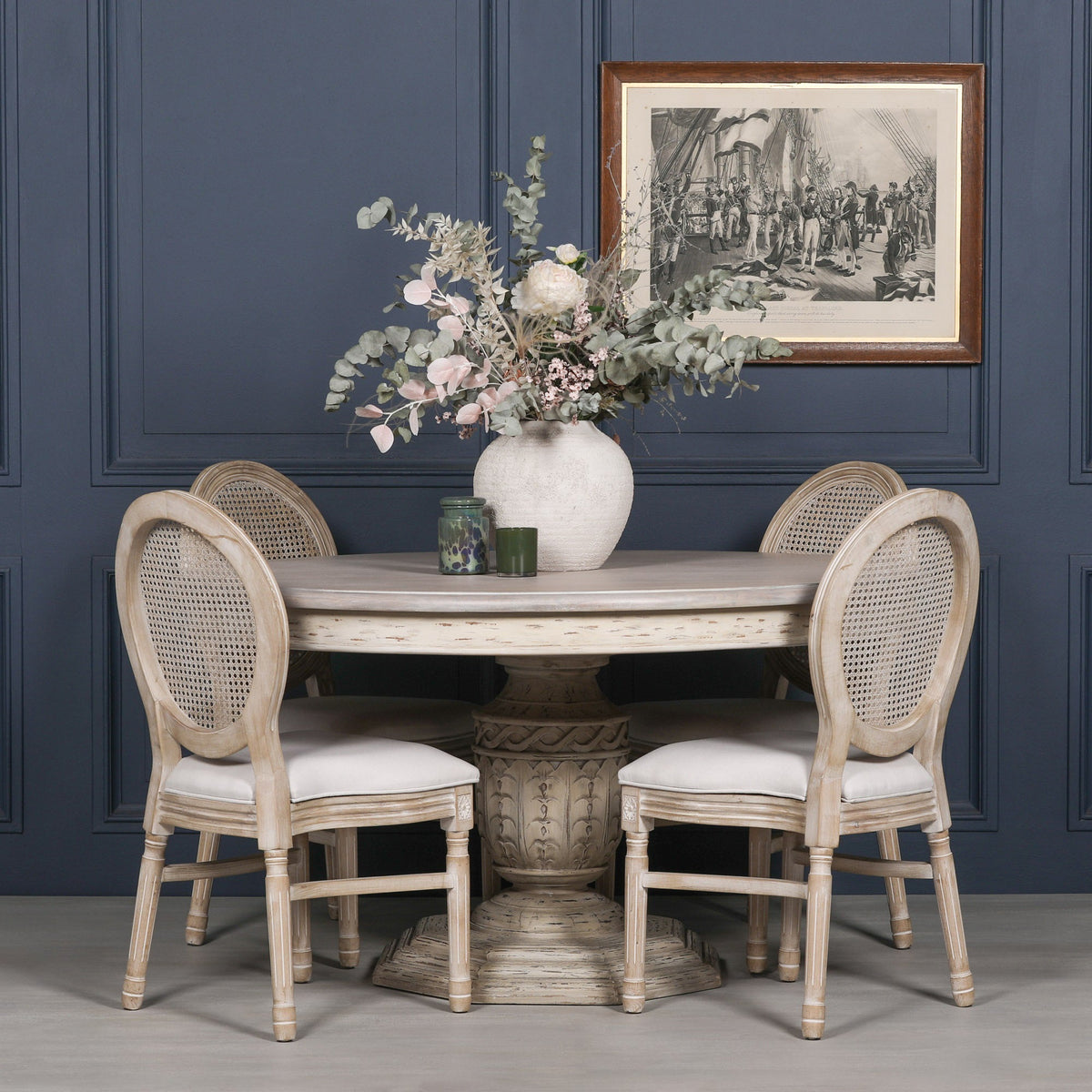 Round White Cedar Dining Table with Carved Base 145cm Heavy Distressed Finish Dining table CasaFenix