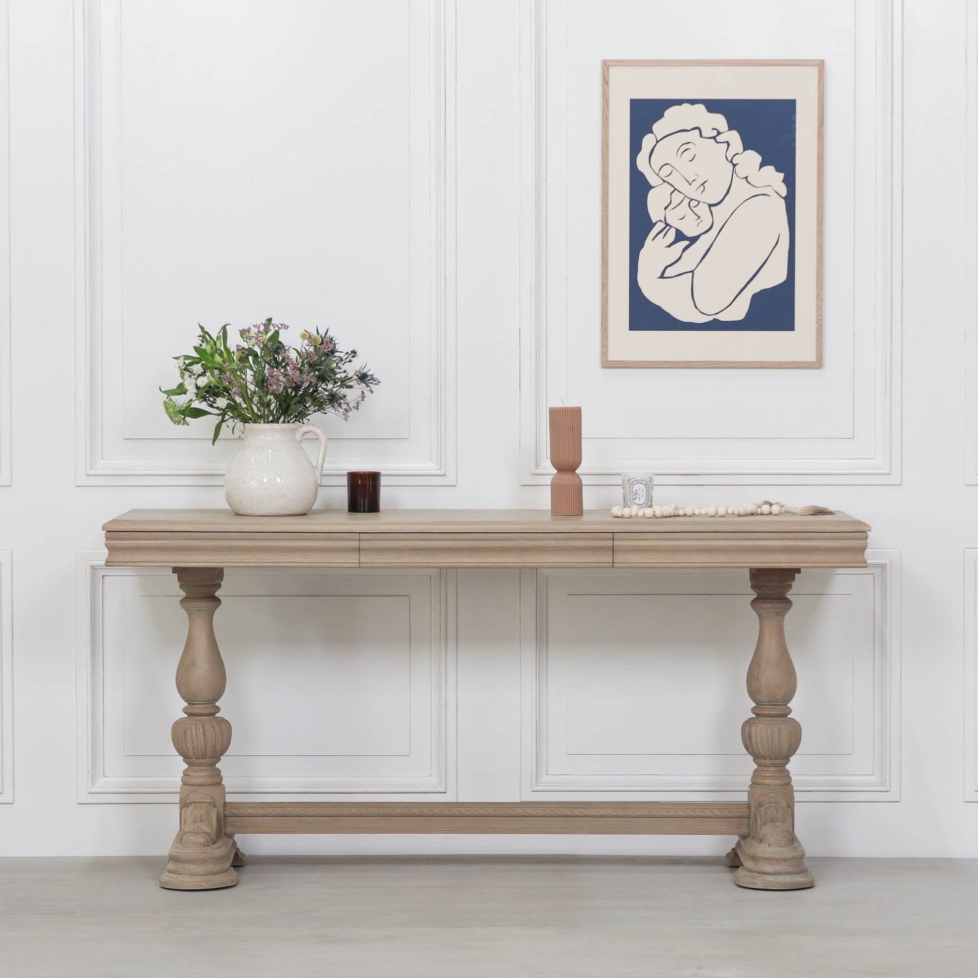 White Cedar Console Table with Carved Legs, Drawer & Thick Top in Rustic Finish — 170cm Console table CasaFenix