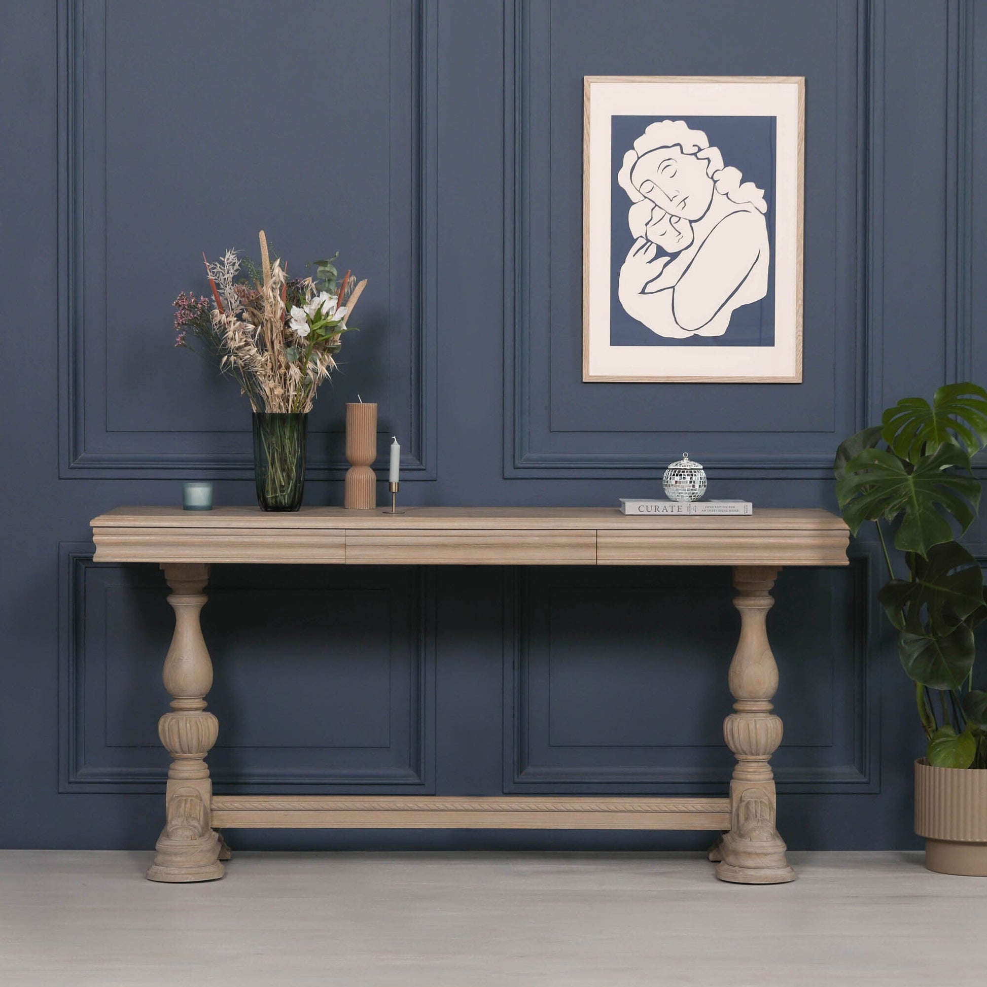 White Cedar Console Table with Carved Legs, Drawer & Thick Top in Rustic Finish — 170cm Console table CasaFenix