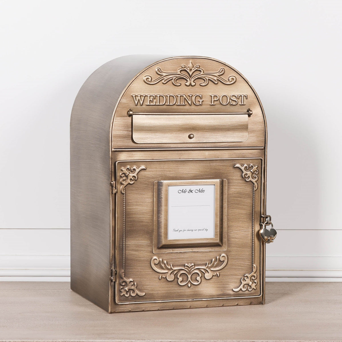 Antiqued Gold Metal Wedding Post Box with Heart Padlock — Wall or Table Mountable Side Table CasaFenix