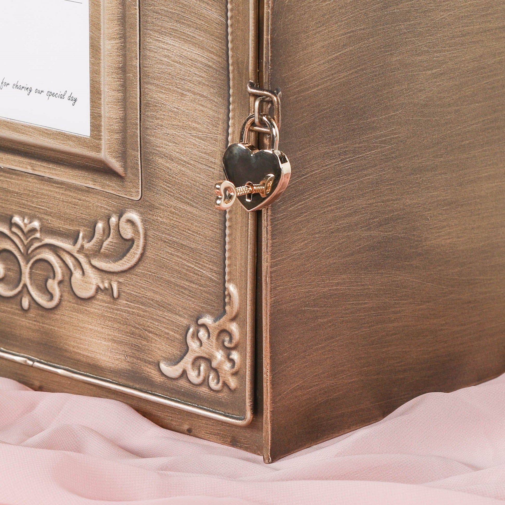 Antiqued Gold Metal Wedding Post Box with Heart Padlock — Wall or Table Mountable Side Table CasaFenix