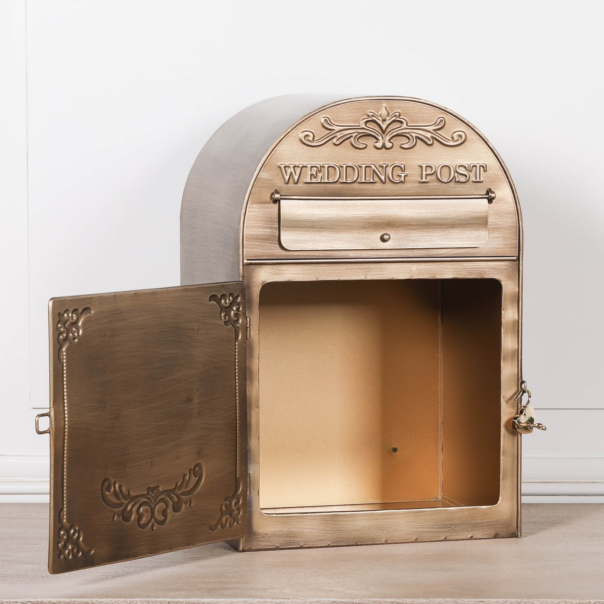 Antiqued Gold Metal Wedding Post Box with Heart Padlock — Wall or Table Mountable Side Table CasaFenix