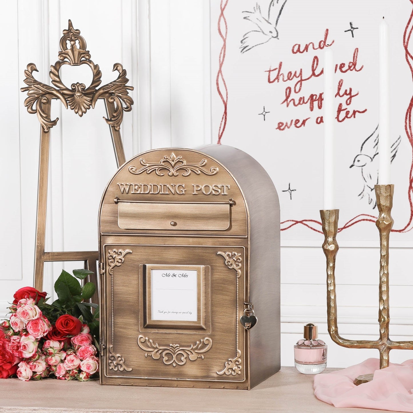 Antiqued Gold Metal Wedding Post Box with Heart Padlock — Wall or Table Mountable Side Table CasaFenix