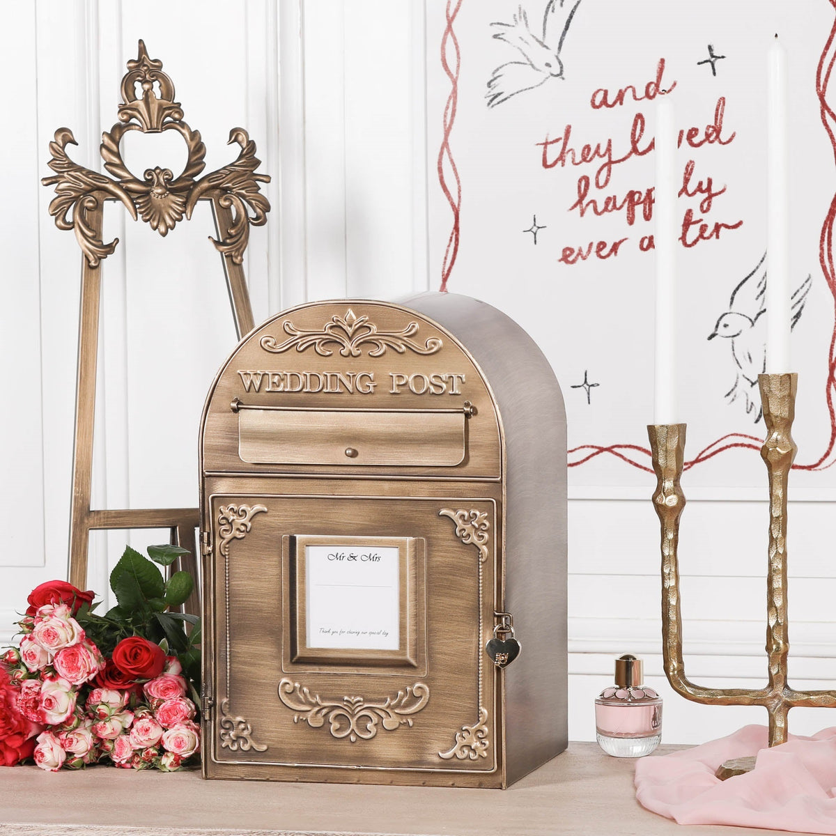 Antiqued Gold Metal Wedding Post Box with Heart Padlock — Wall or Table Mountable Side Table CasaFenix