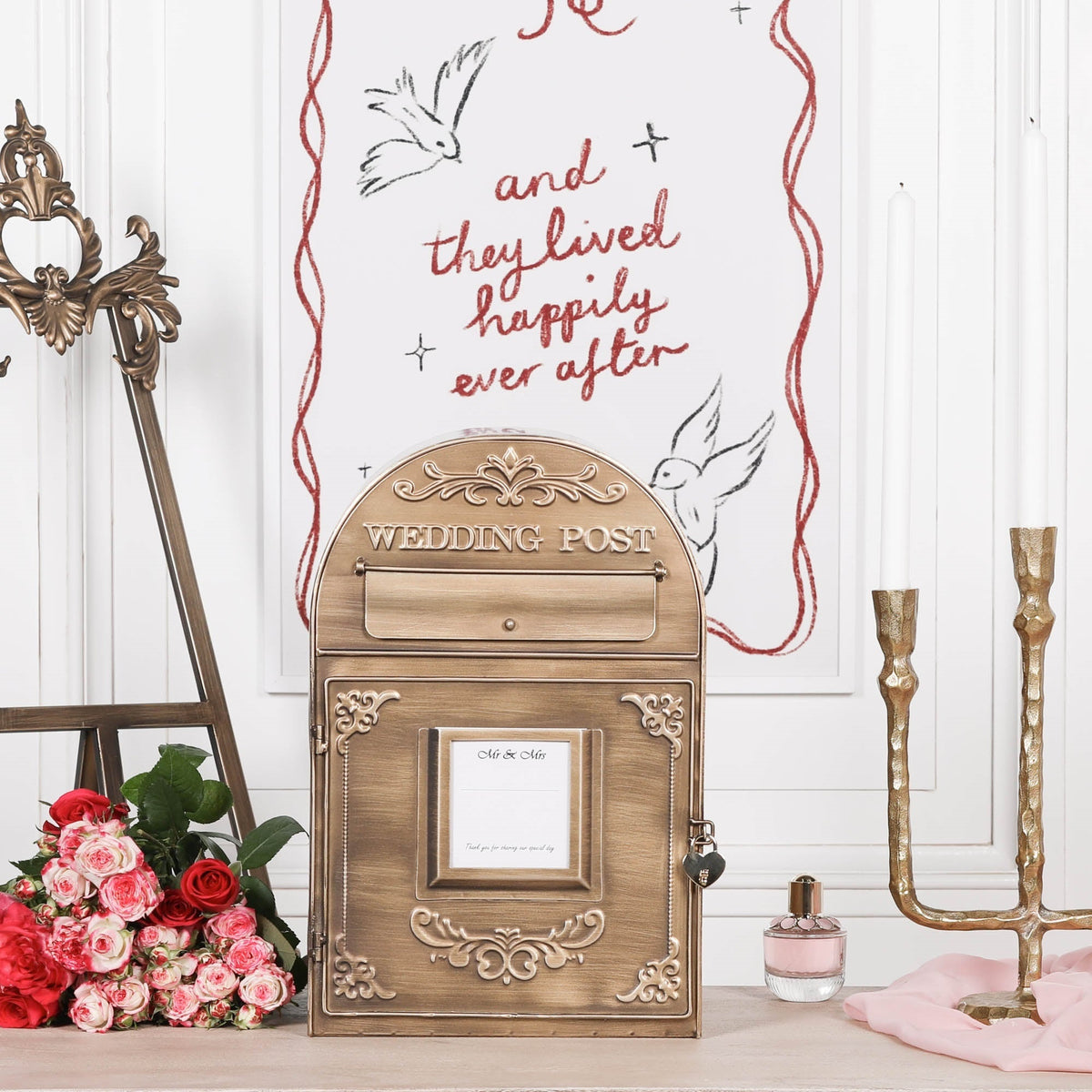 Antiqued Gold Metal Wedding Post Box with Heart Padlock — Wall or Table Mountable Side Table CasaFenix