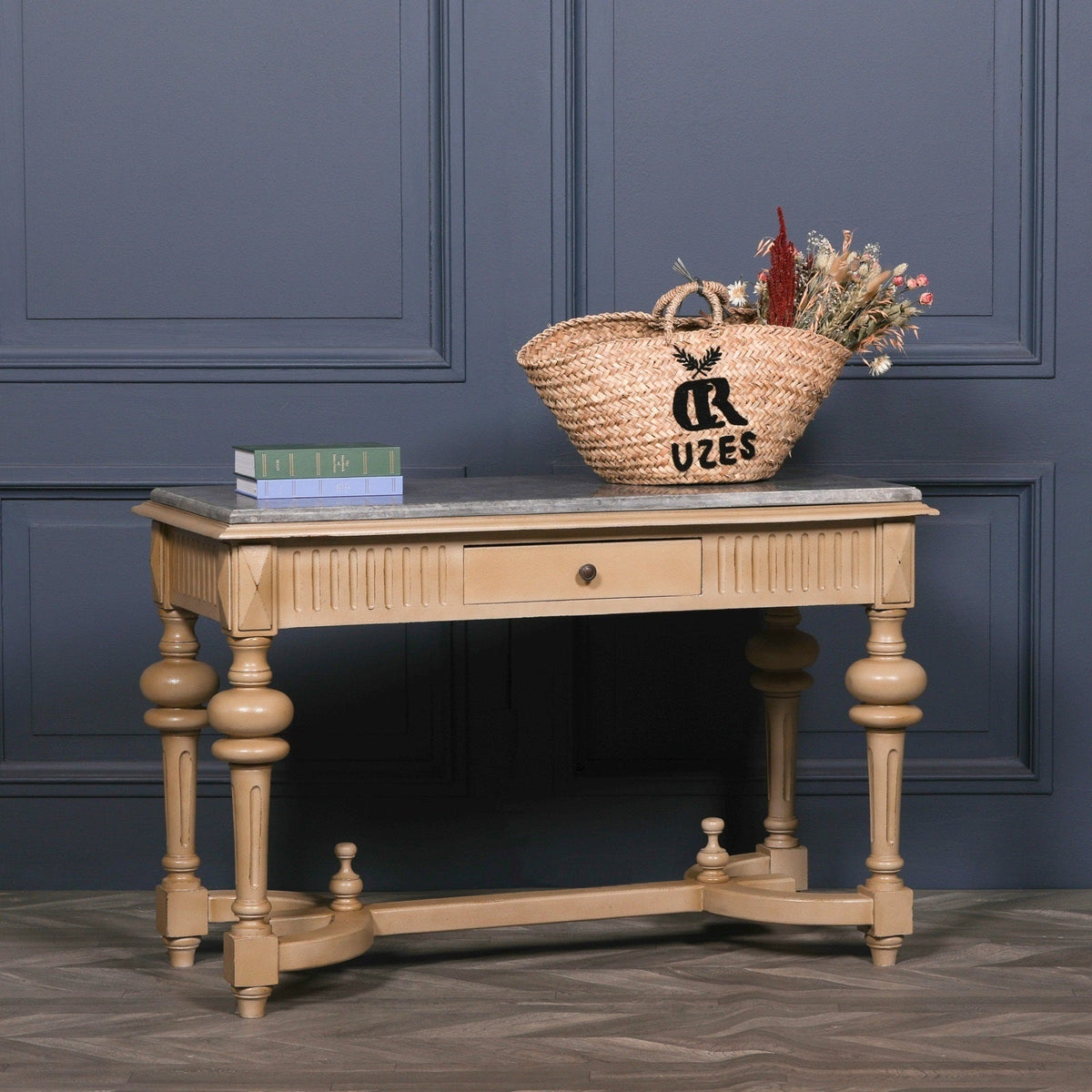 Painted White Cedar Console Table with Stone Marble Top and Turned Legs 123cm Console table CasaFenix