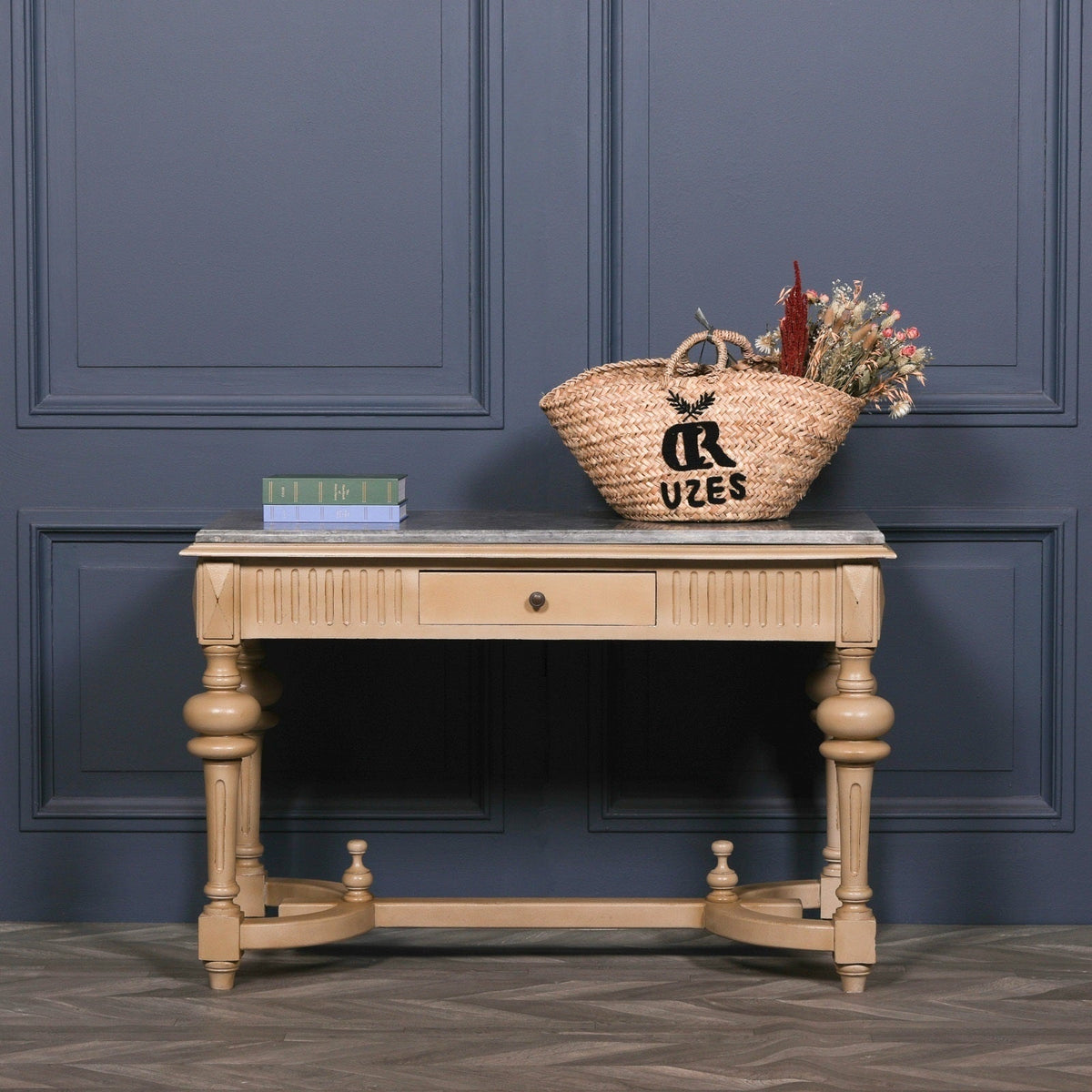 Painted White Cedar Console Table with Stone Marble Top and Turned Legs 123cm Console table CasaFenix