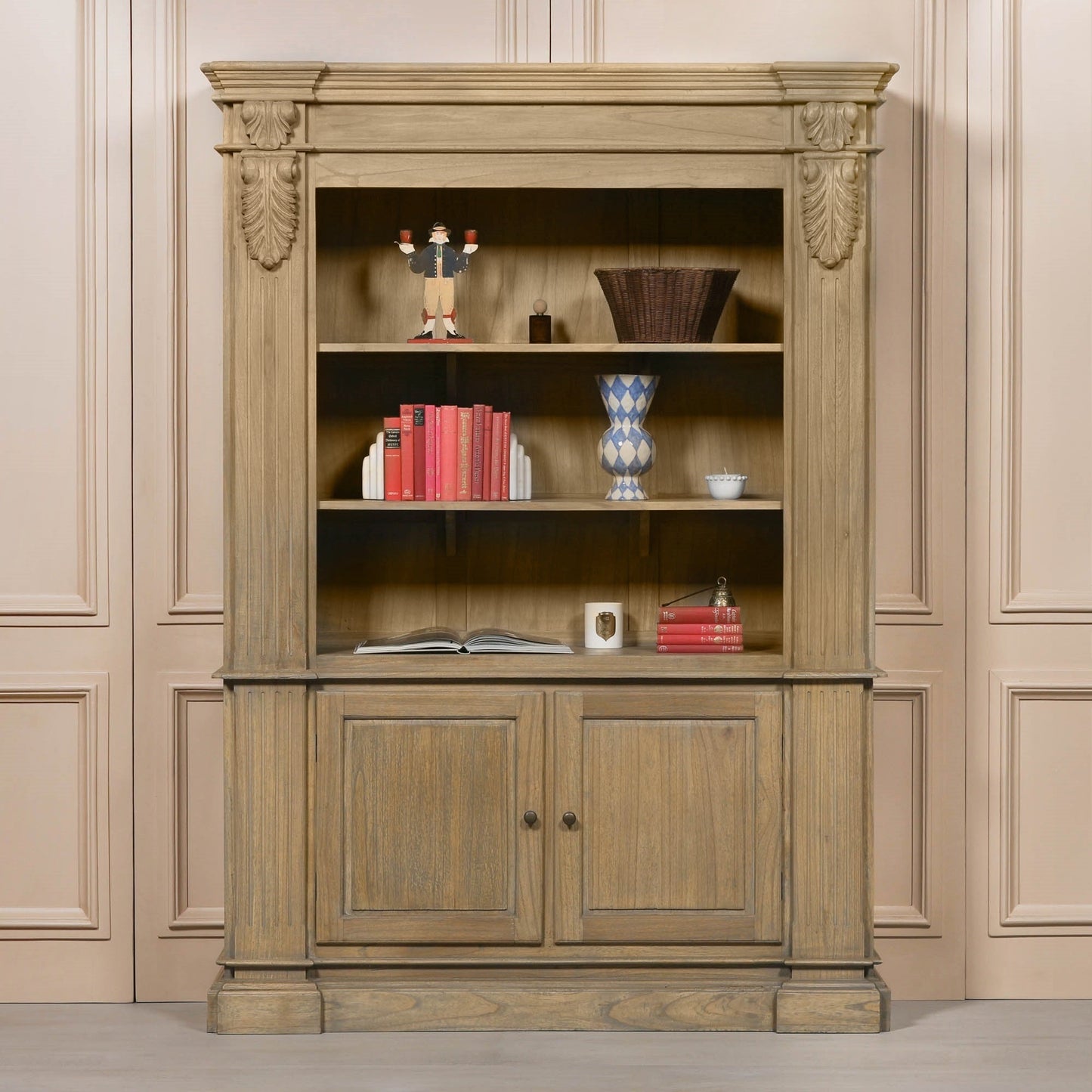 Large Rustic Open Bookcase White Cedar Wood H221 x W159 x D47.5cm Display Cabinet CasaFenix