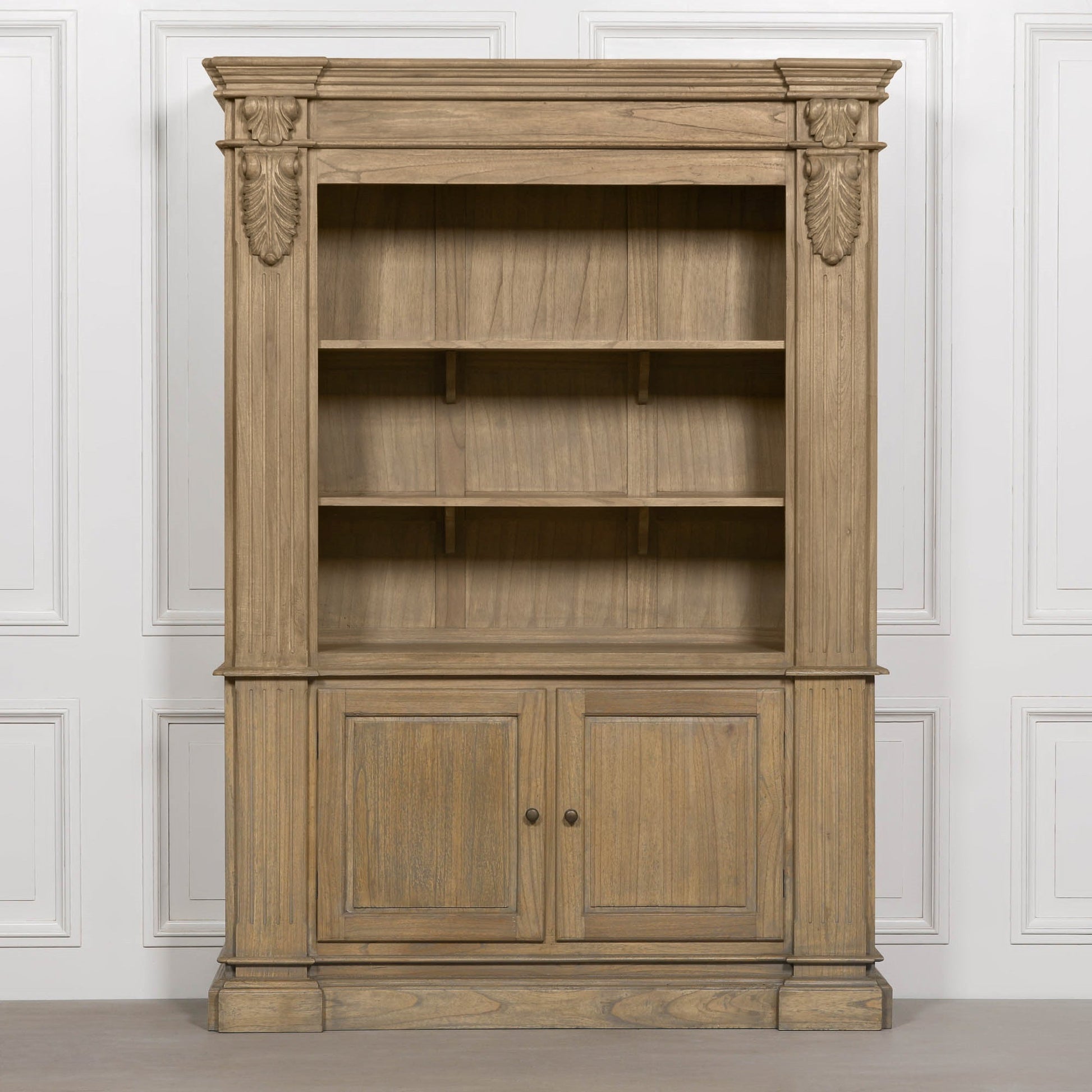 Large Rustic Open Bookcase White Cedar Wood H221 x W159 x D47.5cm Display Cabinet CasaFenix