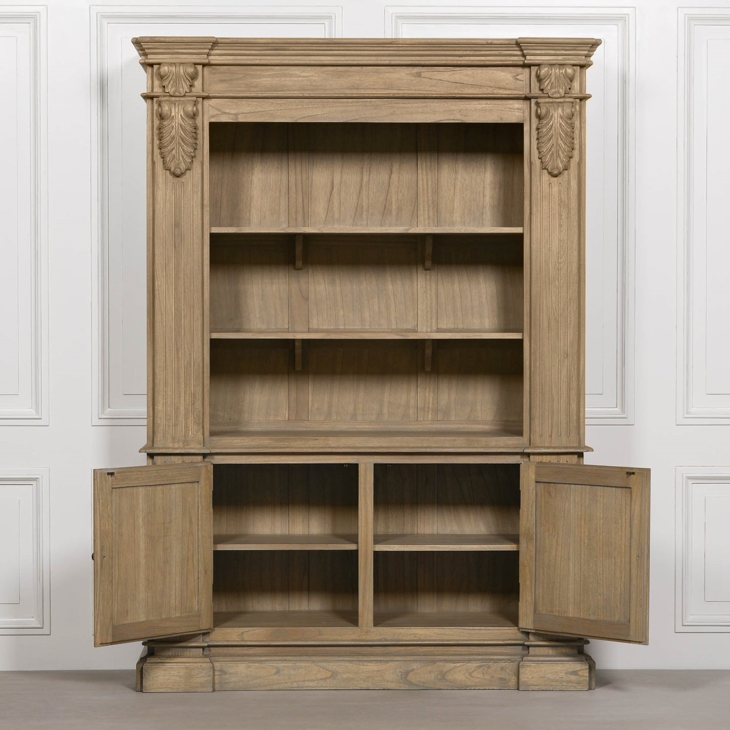 Large Rustic Open Bookcase White Cedar Wood H221 x W159 x D47.5cm Display Cabinet CasaFenix