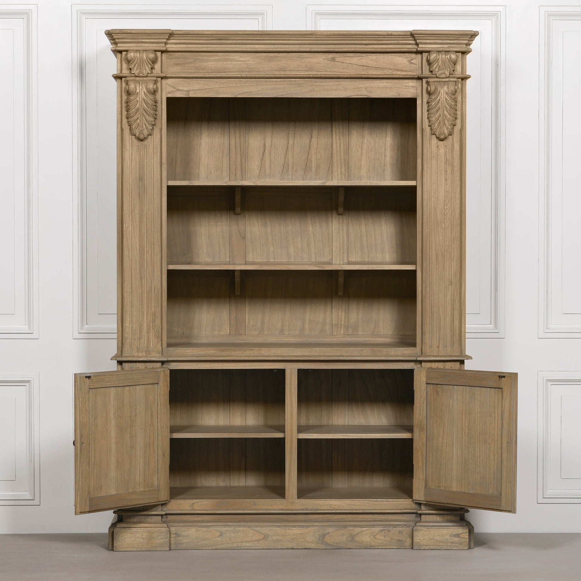 Large Rustic Open Bookcase White Cedar Wood H221 x W159 x D47.5cm Display Cabinet CasaFenix