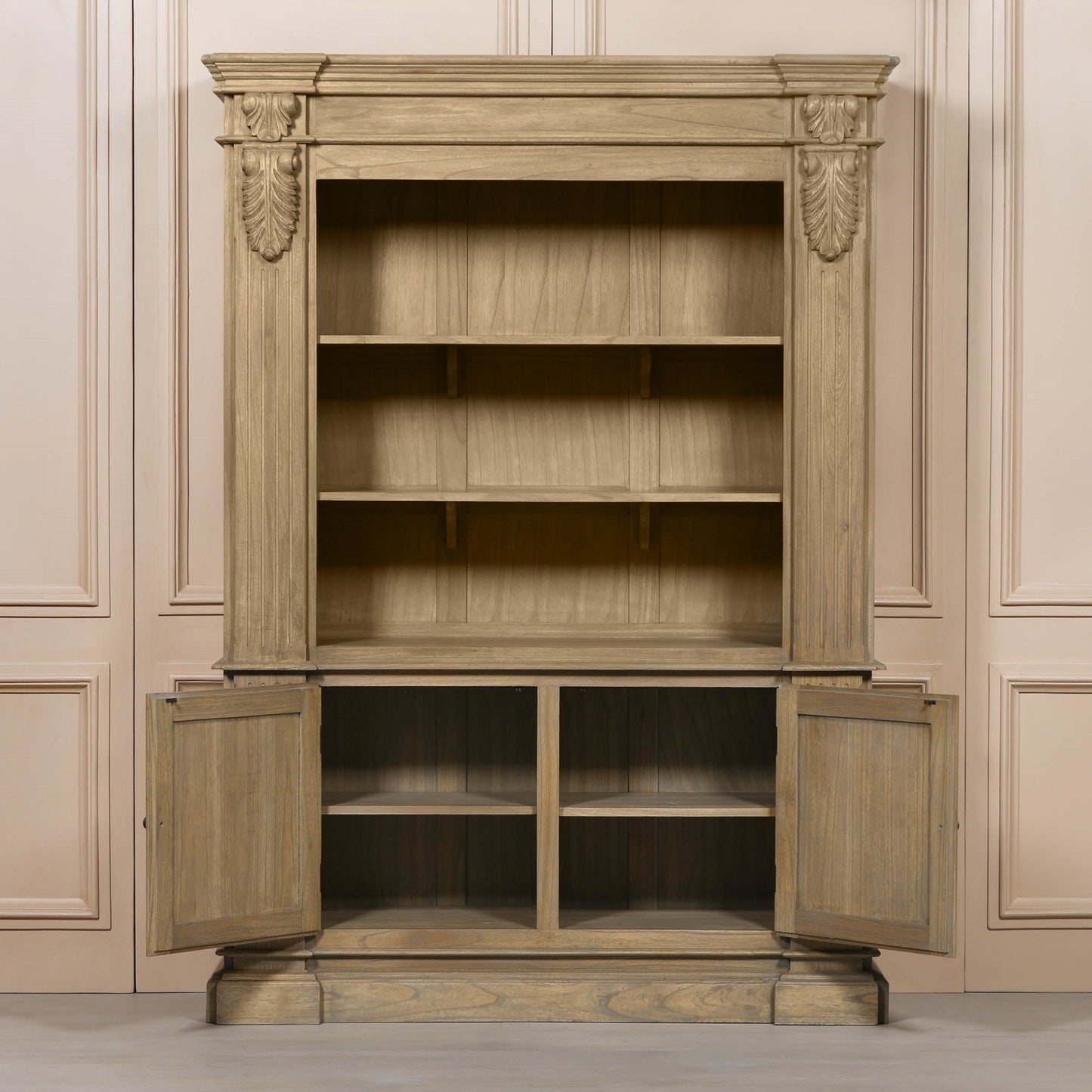 Large Rustic Open Bookcase White Cedar Wood H221 x W159 x D47.5cm Display Cabinet CasaFenix