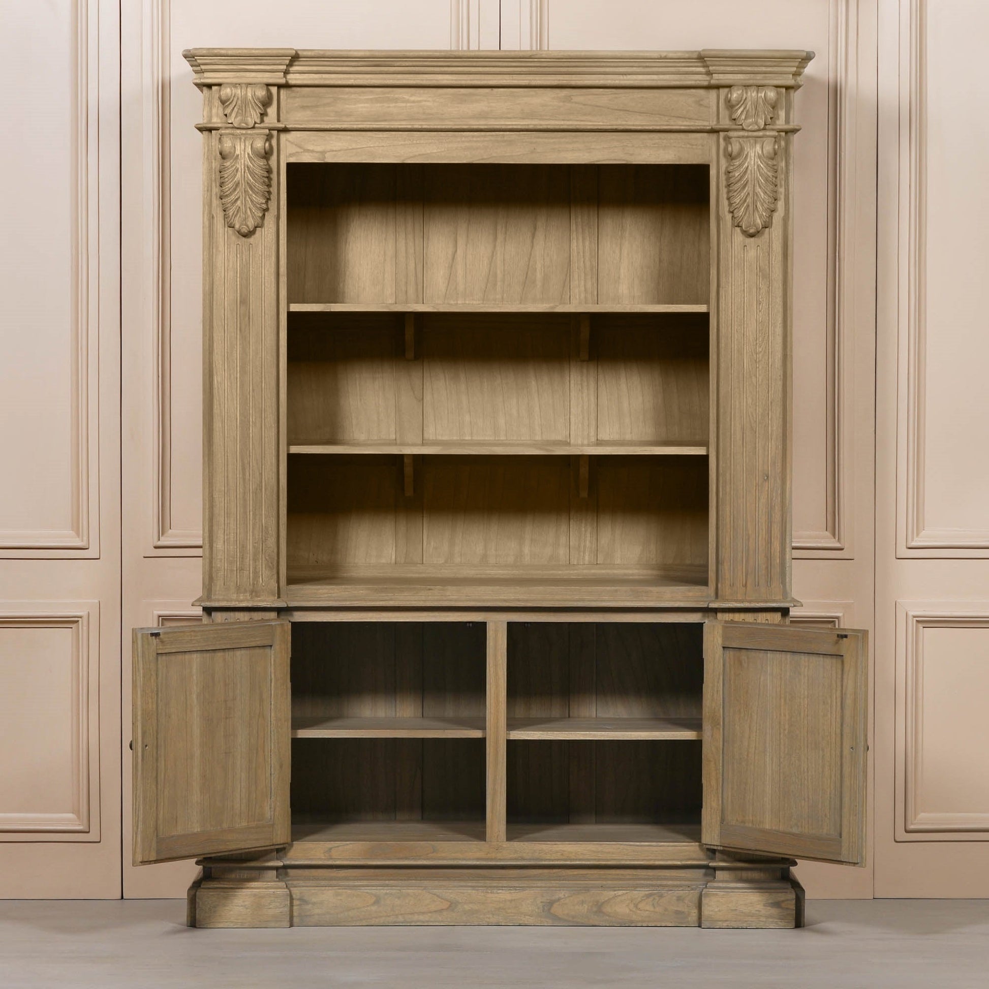 Large Rustic Open Bookcase White Cedar Wood H221 x W159 x D47.5cm Display Cabinet CasaFenix