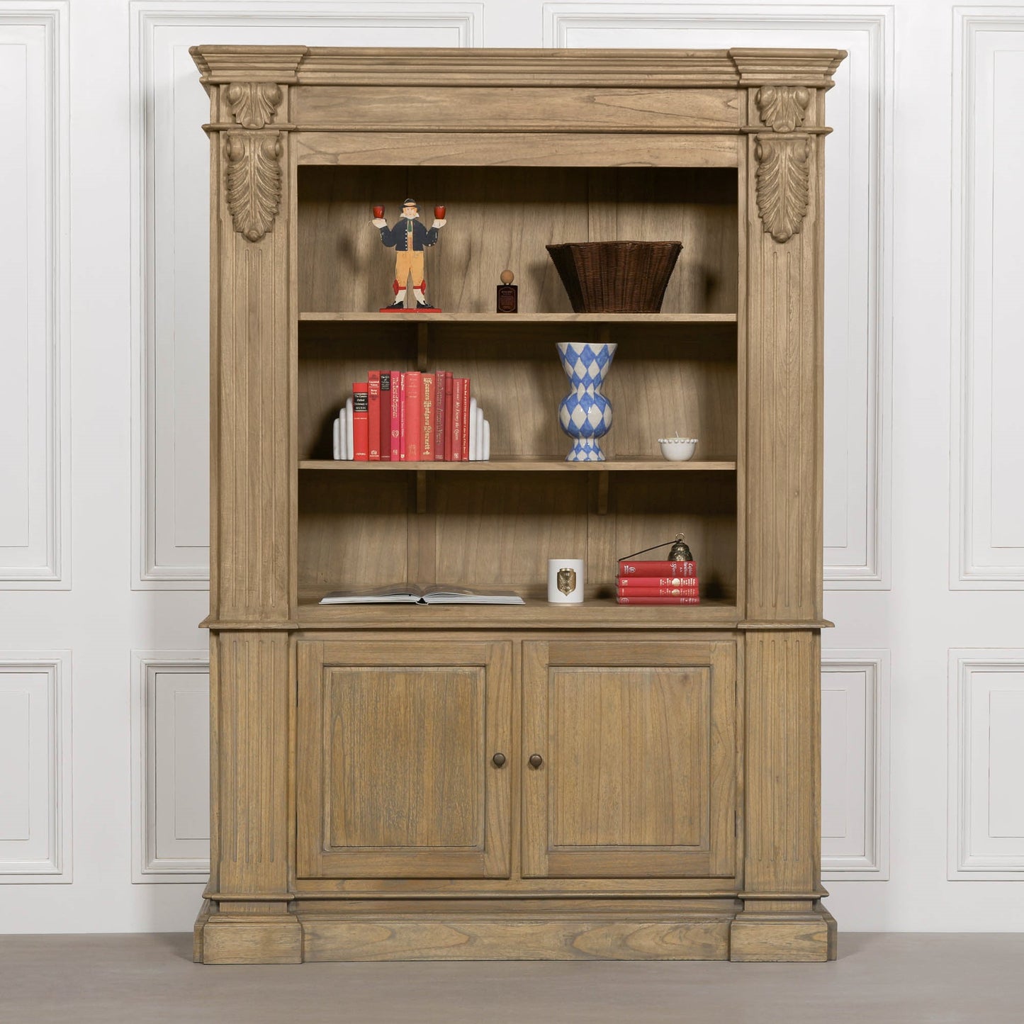 Large Rustic Open Bookcase White Cedar Wood H221 x W159 x D47.5cm Display Cabinet CasaFenix