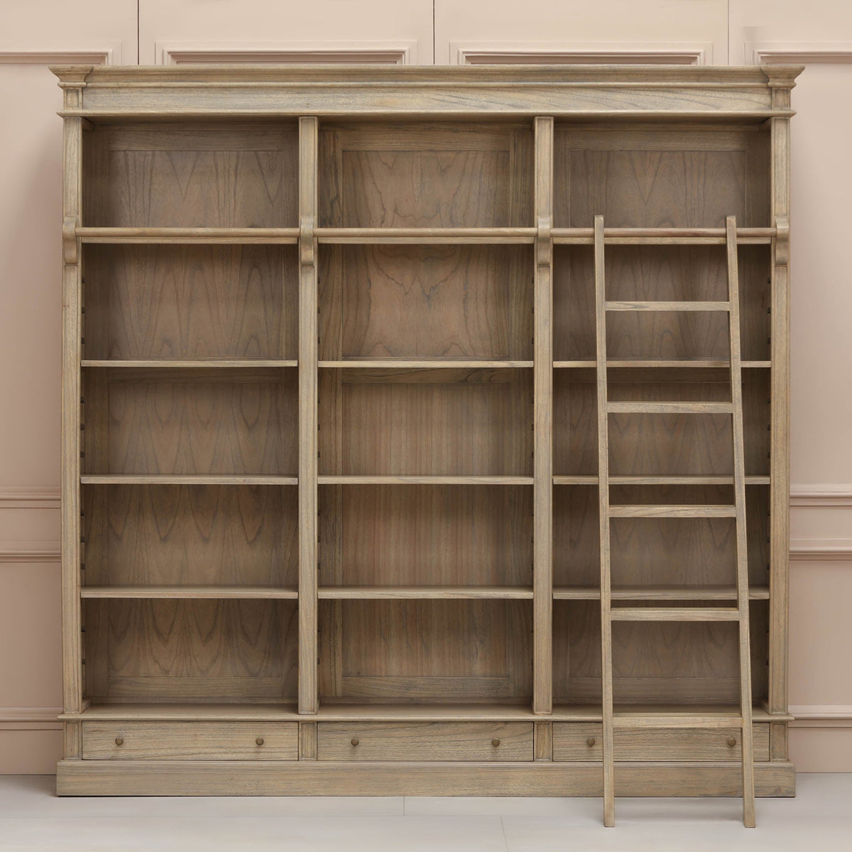 White Cedar Library Bookcase with Detachable Ladder 242cm Rustic Finish Bookcase CasaFenix