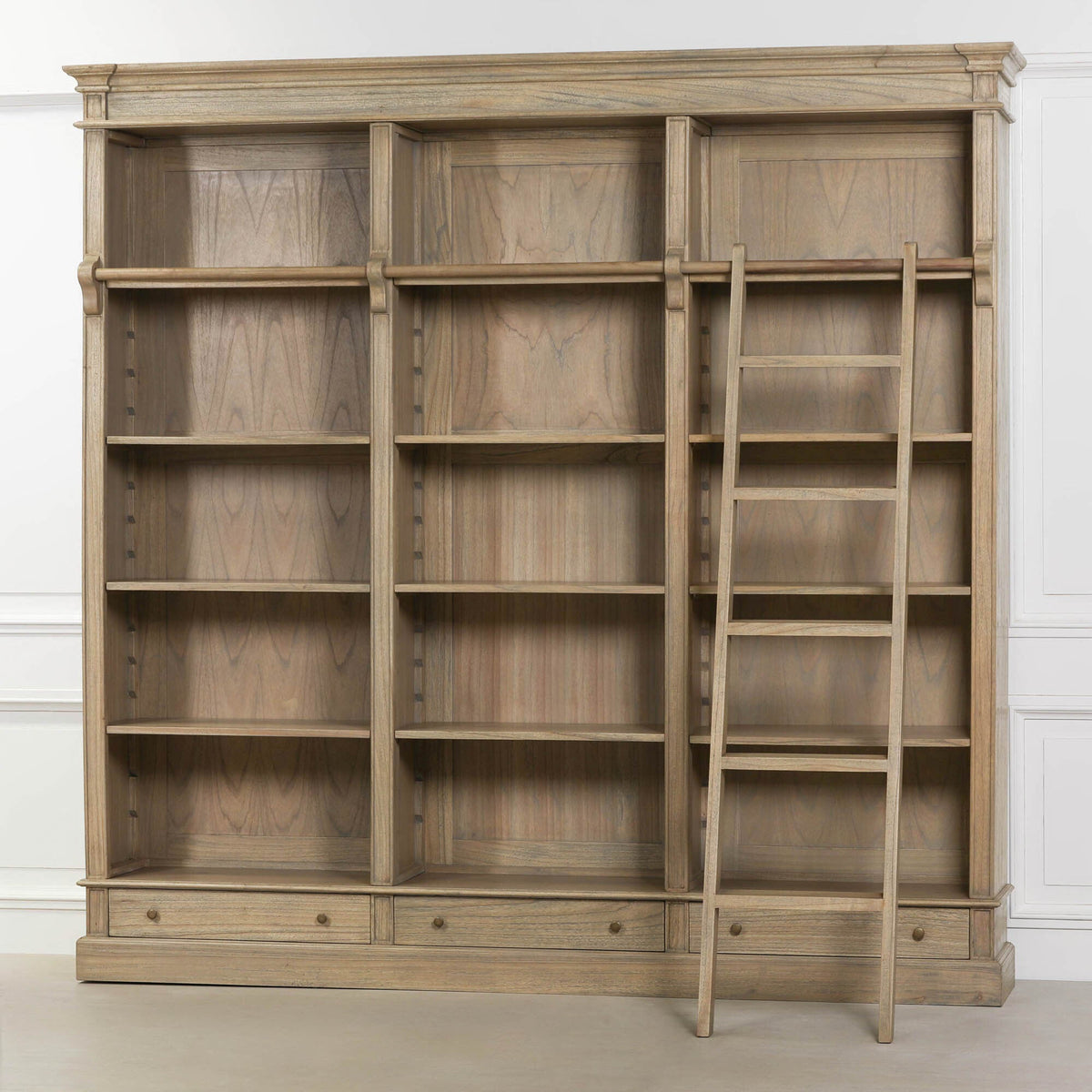 White Cedar Library Bookcase with Detachable Ladder 242cm Rustic Finish Bookcase CasaFenix
