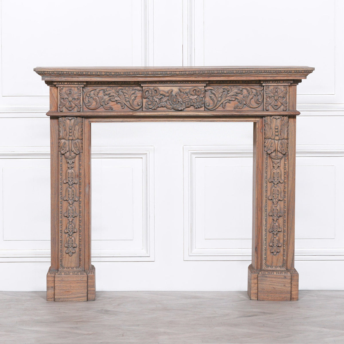 Hand-Carved White Cedar Fire Surround | Rustic Aged Finish Fire surround CasaFenix