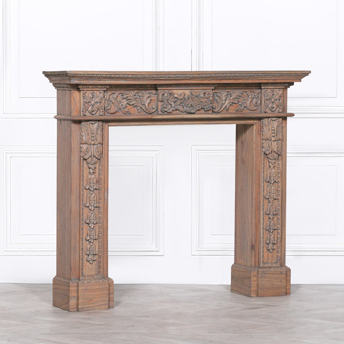 Hand-Carved White Cedar Fire Surround | Rustic Aged Finish Fire surround CasaFenix