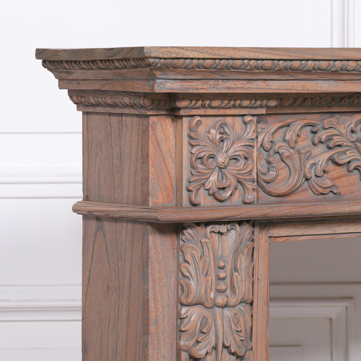 Hand-Carved White Cedar Fire Surround | Rustic Aged Finish Fire surround CasaFenix