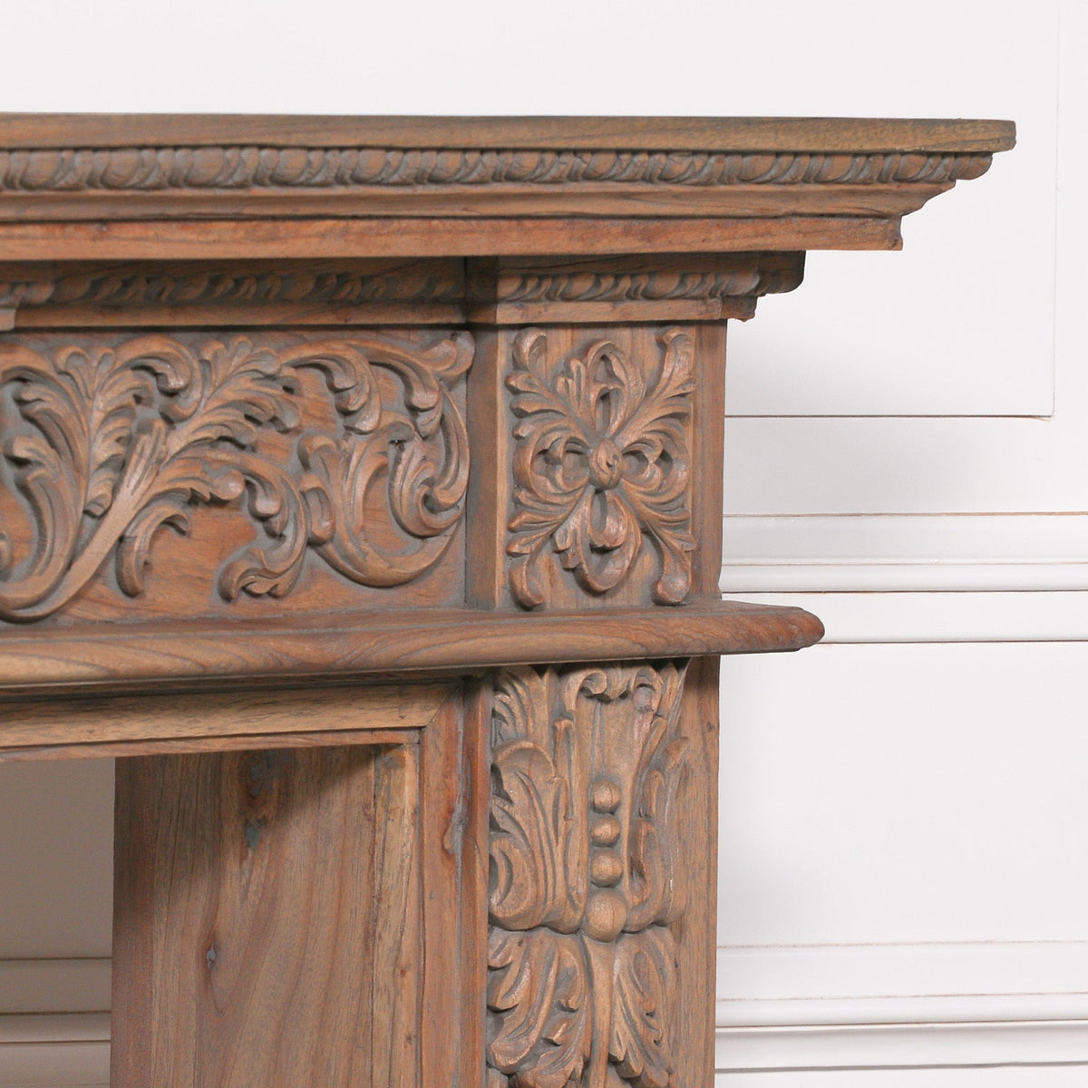 Hand-Carved White Cedar Fire Surround | Rustic Aged Finish Fire surround CasaFenix