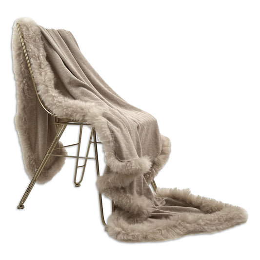 Woven Beige Wool Blanket Sheepskin Trim 180 x 140cm - CasaFenix