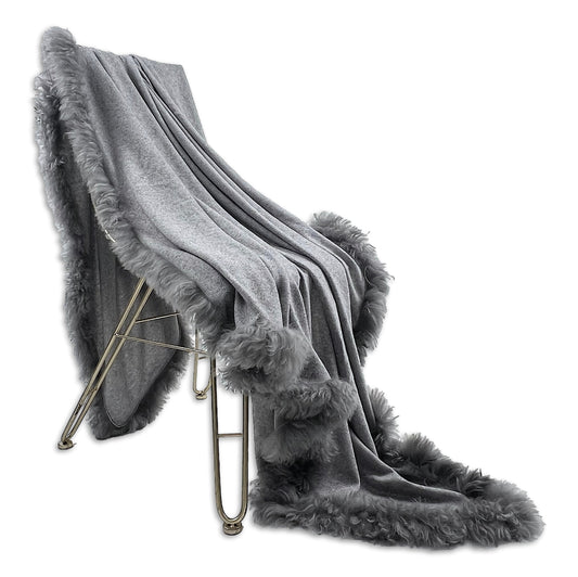 Woven Grey Wool Blanket Sheepskin Trim 180 x 140cm - CasaFenix