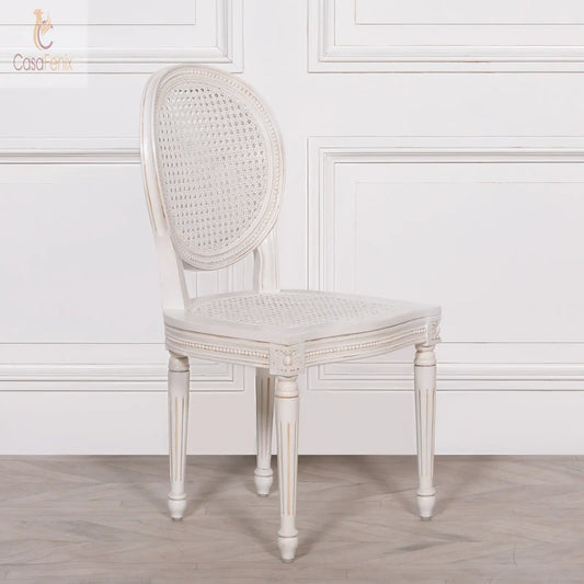 White Chateau Carved Dining Chair Rattan Backrest Mahogany Wood - CasaFenix