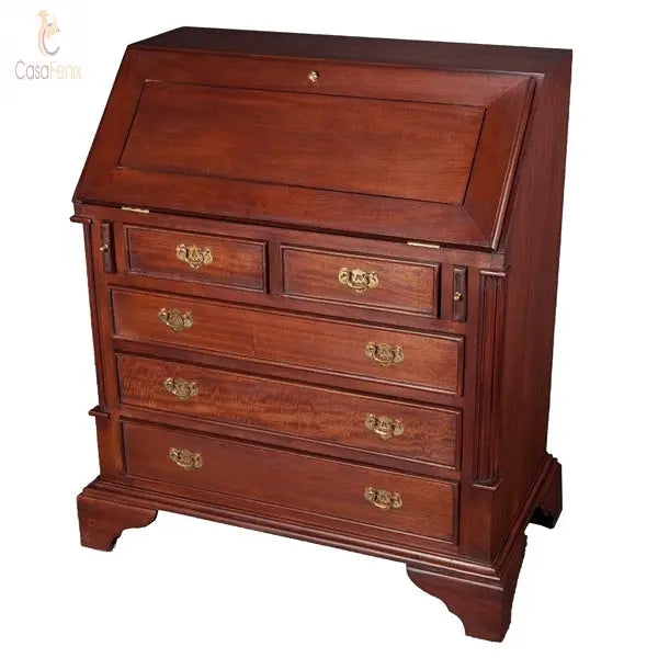 Writing Desk 5 Large Drawer Bureau Solid Mahogany Antique Reproduction CasaFenix