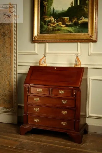Writing Desk 5 Large Drawer Bureau Solid Mahogany Antique Reproduction CasaFenix