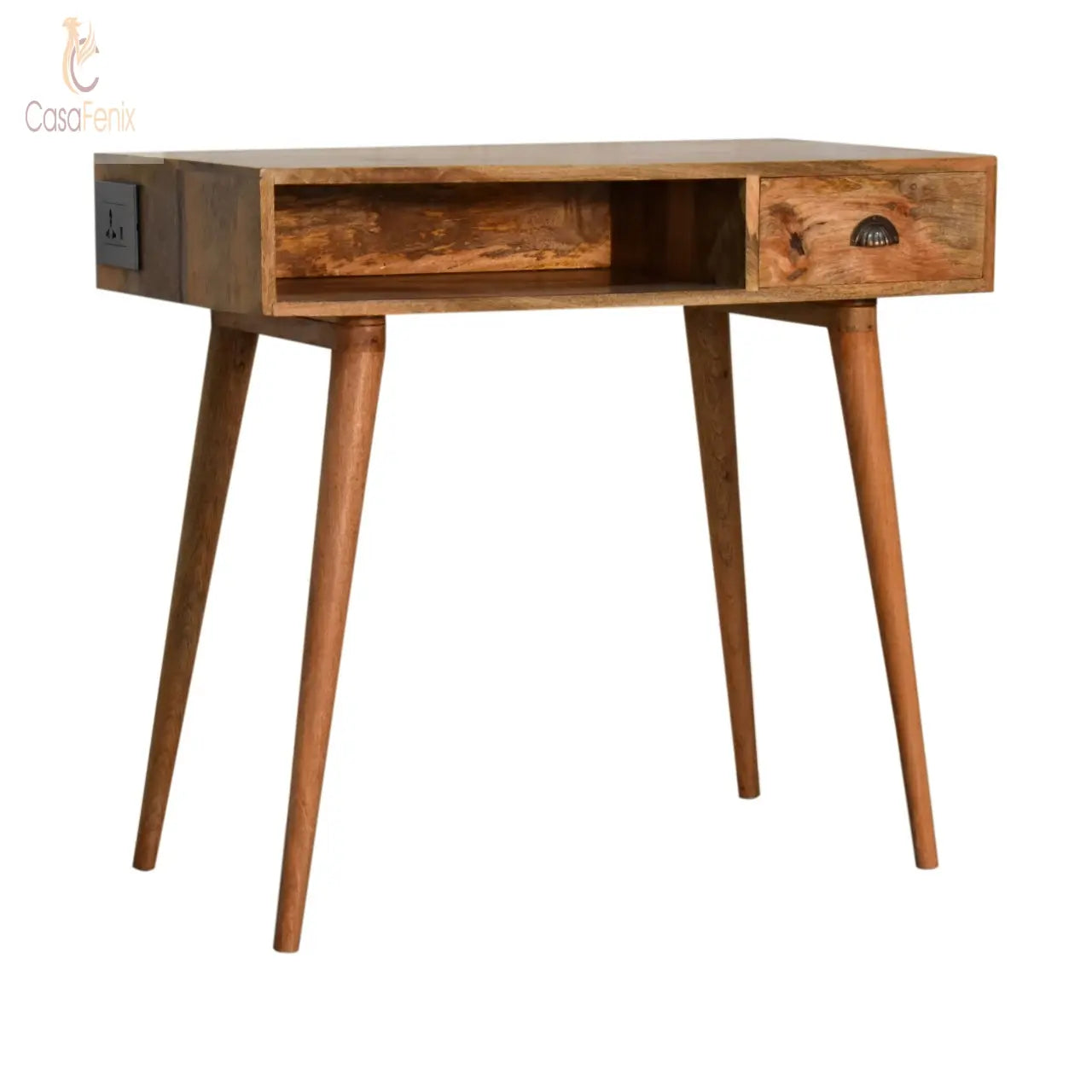 Writing Desk with Open Slot and Cable Access  UK electric and USB sockets 1 Drawer Solid Mango Wood - CasaFenix