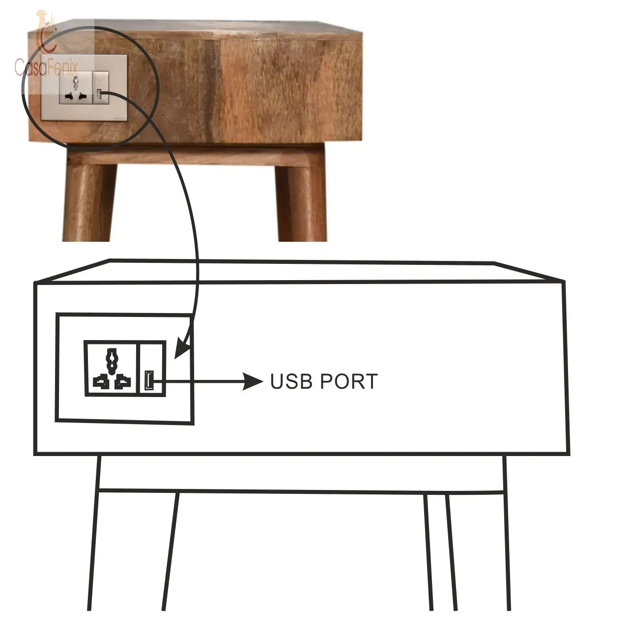 Writing Desk with Open Slot and Cable Access  UK electric and USB sockets 1 Drawer Solid Mango Wood - CasaFenix
