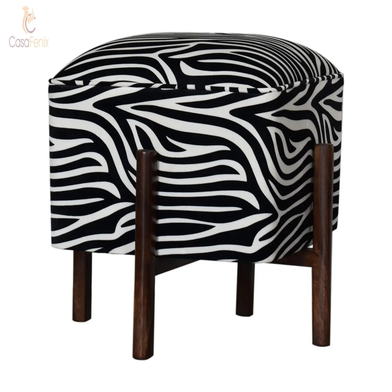 Zebra Print Footstool with Wood Legs - CasaFenix