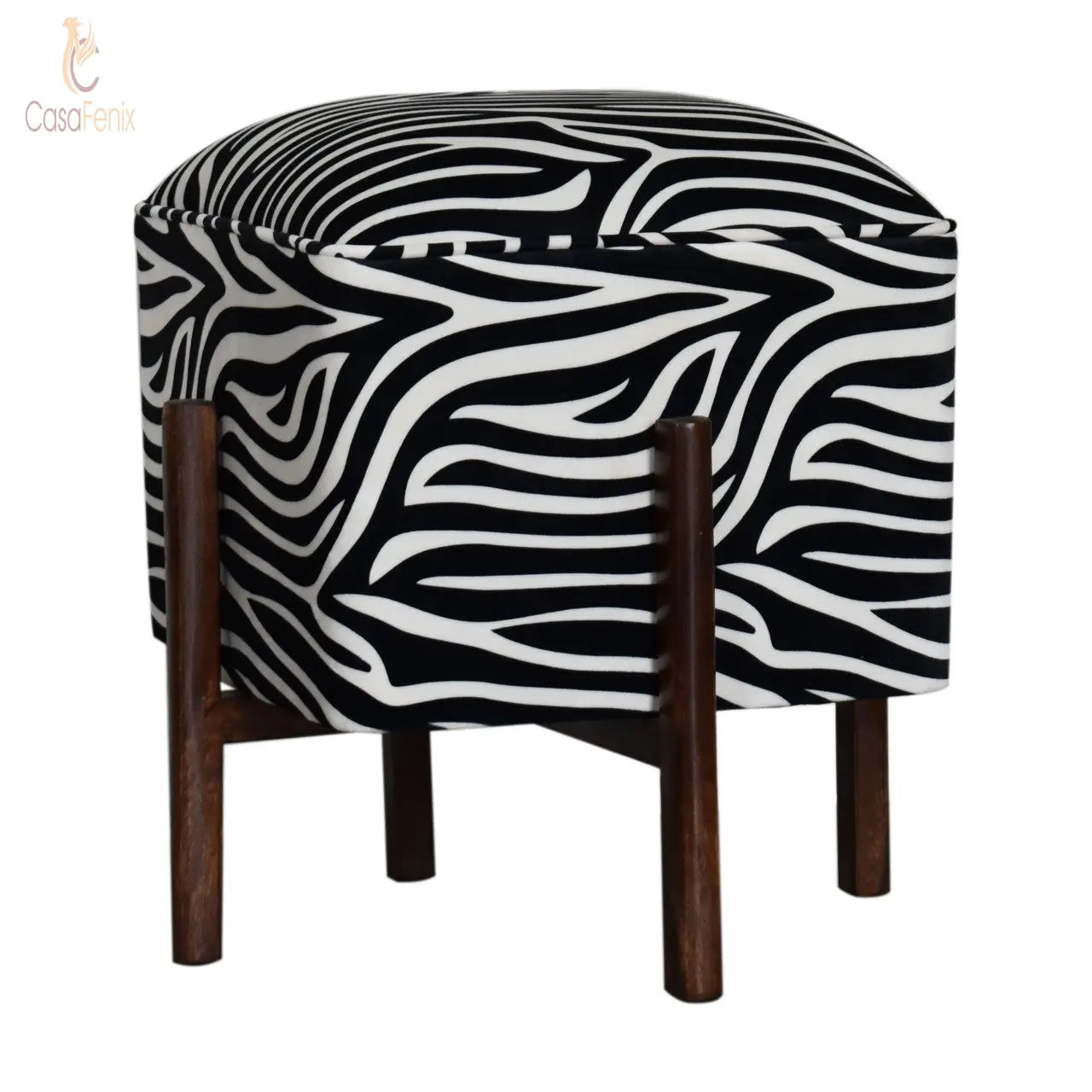 Zebra Print Footstool with Wood Legs - CasaFenix