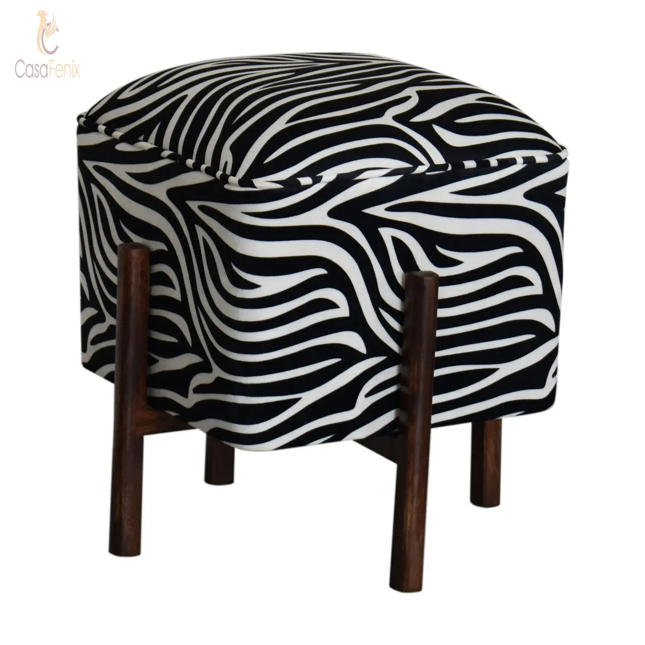 Zebra Print Footstool with Wood Legs - CasaFenix